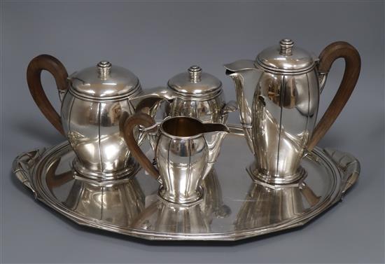 A four piece French silver plated tea and coffee set with matching tray tray length 52cm